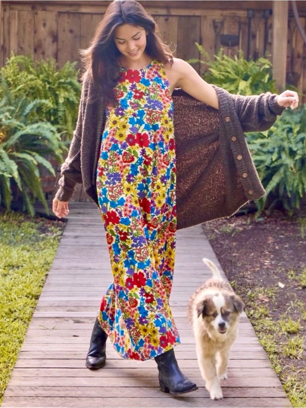Natural Life Katie Sleeveless Floral Maxi Dress Pockets L/XL Boho Cottagecore